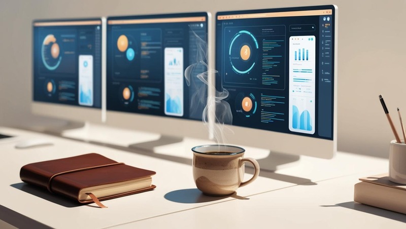 coffee and journal on desk in front of 3 monitors
